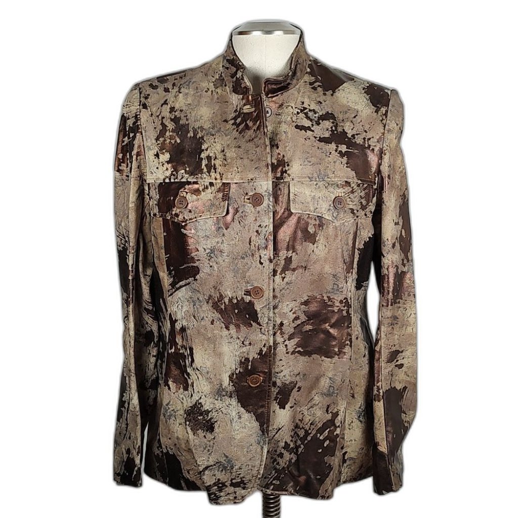 Nwt! Y2k Danier Leather Jacket Abstract Metallic Bronze Nappa Light Size Large